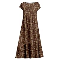 Women's Dresses Summer Dress Casual Fashion Ladies Round Neck Short Sleeve Floral Print Dress(Coffee,X-Large