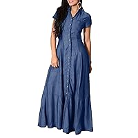 ZOCAVIA Summer Short Sleeve Demin Dress for Women Plus Size Ruffle Swing Dresses Button Down Jeans Dresses Vintage Maxi Dress