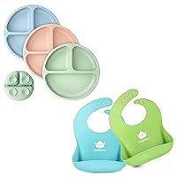 KeaBabies 3-Pack Suction Plates for Baby, Toddler & 2-Pack Baby Silicone Bibs - 100% Silicone Toddler Plates - Waterproof, Easy Wipe Silicone Bib for Babies - Divided Baby Plates with Suction