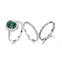 3pcs Engagement Ring Set,7x9mm Oval Green Emerald Solid 14k White Gold Halo Diamond Wedding Matching Band