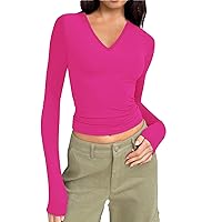 Women's Sexy V Neck Slim Fitted T-Shirts Basic Solid Long Sleeve Tee Tops Fall Comfy Soft Casual Underwear Shirts