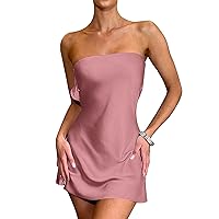 LYANER Women's Satin Silk Hollow Out Back Strapless Tube Bodycon Club Mini Dress Dusty Pink X-Small