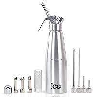 ICO 1 Liter (1 Quart) Professional Stainless Steel Whipped Cream Dispenser for Homemade Whipping Cream, Whipped Cream Maker for Desserts, Dips, Sauces plus ICO Set of 4 Injector Tips
