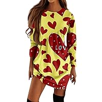 Women's Spring Dresses Fashion Valentine's Day Printed Long Sleeved Irregular Pleated Round Shirt Dress, S-3XL