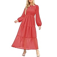 MITILLY Women's Elegant Floral Long Sleeve Round Neck Smocked A-Line Flowy Tiered Maxi Dress with Pockets