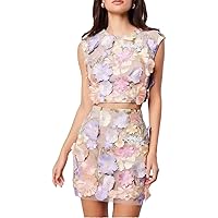 Women 2 Piece Outfits 3D Floral Embroidery Sheer Mesh Lace Bodycon Tank Top mini Skirt Set Slim Fit short Skirt Suit