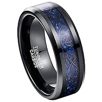 8mm Black Tungsten Rings for Men Celtic Dragon Wedding Ring with Blue/Green Carbon Fiber/Red Opal Paper Inlay Comfort Fit Size 5-14