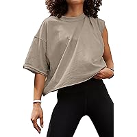 Carpetcom Oversized Workout Shirts for Women Short Sleeve Drop Shoulder Casual Crop Tops Baggy Gym Yoga Athletic Tee