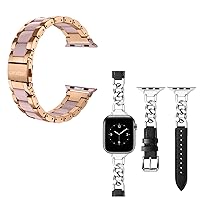 Wearlizer Leather Band Compatible with Apple Watch Band 41mm 40mm 38mm Women, Chain Leather Band + Resin Band(Black/Silver+Dark Rose Gold/Pink
