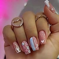 QINGGE Pink Press on Nails Short Length Square French Fake Nails with Colorful Flowers Cute Heart Fire Design Stick on Nails Glue on Nails Glossy Acrylic Nails False Nails for Women 24Pcs