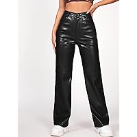 Pants for Women - Solid Leather Straight Leg Pants (Color : Black, Size : XX-Small)