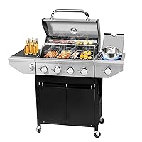 4-Burner Propane Gas BBQ Grill with Side Burner & Porcelain-Enameled Cast Iron Grates Built-in Thermometer, 47,000 BTU Outdoor Cooking, Patio, Garden Barbecue Grill, Black and Silver