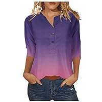 Women's 3/4 Sleeve Shirts Elegant Rose Printed Graphic Tees,Dressy Button Down Blouses Casual Loose Fit Summer Tops