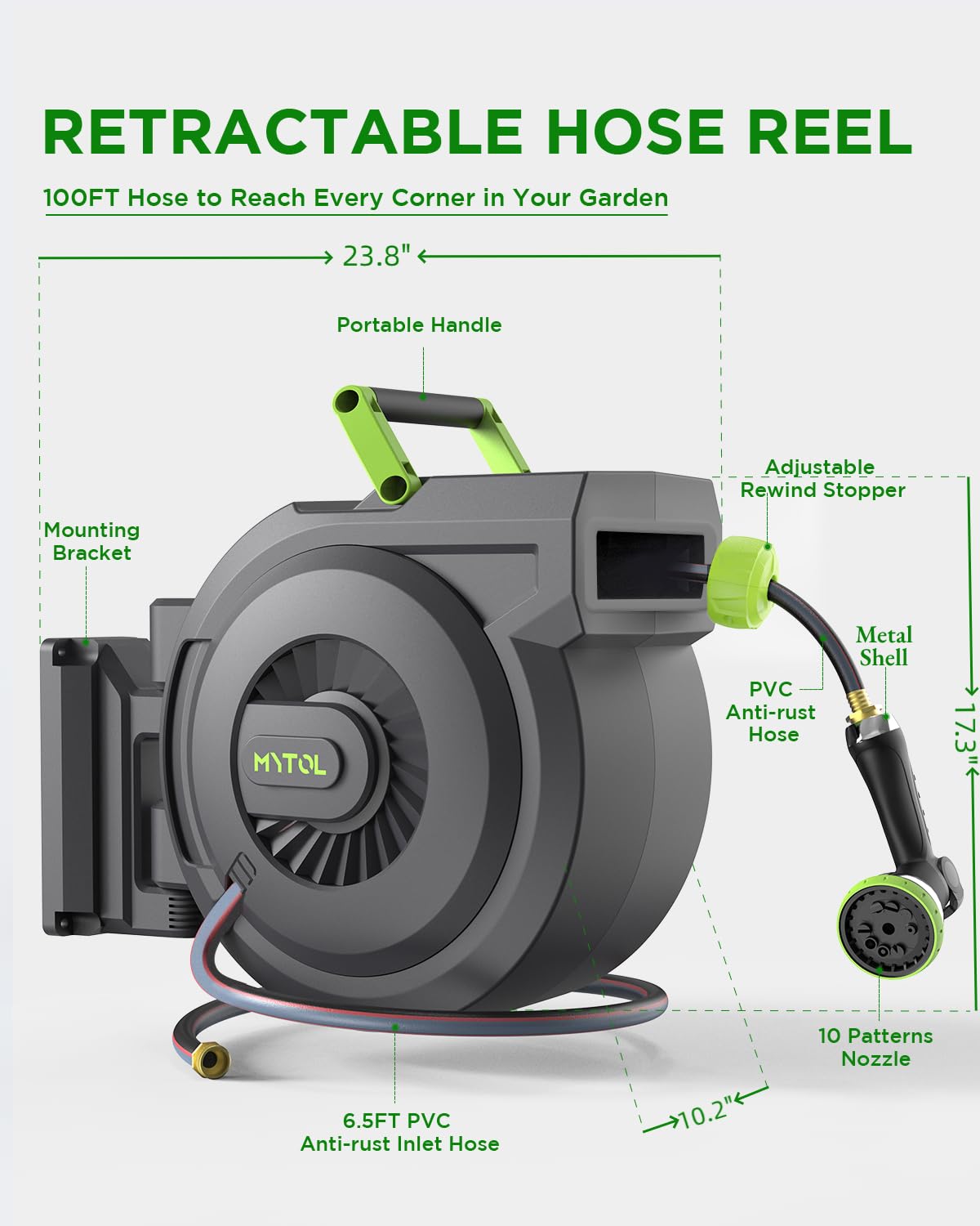 Buy MYTOL Retractable Garden Hose Reel, 1/2 Inch x 100 ft + 6 ft Wall Mount  Hose Reel with Automatic Slow Rewind System, Any Length Lock, 10 Patterns Hose  Nozzle, 180°Swivel Bracket, for Garden Watering