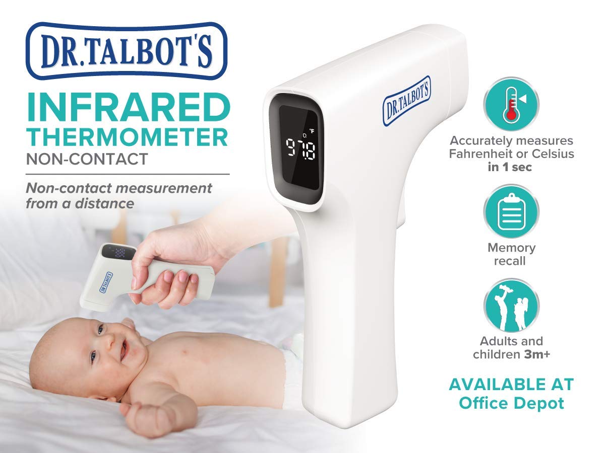 Dr. Talbot's Easy Handle Non-Contact Infrared Thermometer with Led Screen, Fever Warning Indicator, Accurate 1 S Reading for Baby, Kids, & Adults, White
