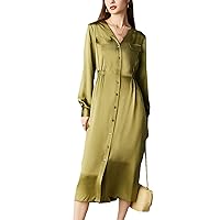 Women's Spring and Summer V-Neck Dress Light Luxury British Style Mid-Length Solid Color Single-Breasted Long-Sleeved Skirt