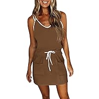 Women Summer Dresses Drawstring Sundresses Sleeveless Spaghetti V Neck Mini Dress Casual Swing Dress with Pockets