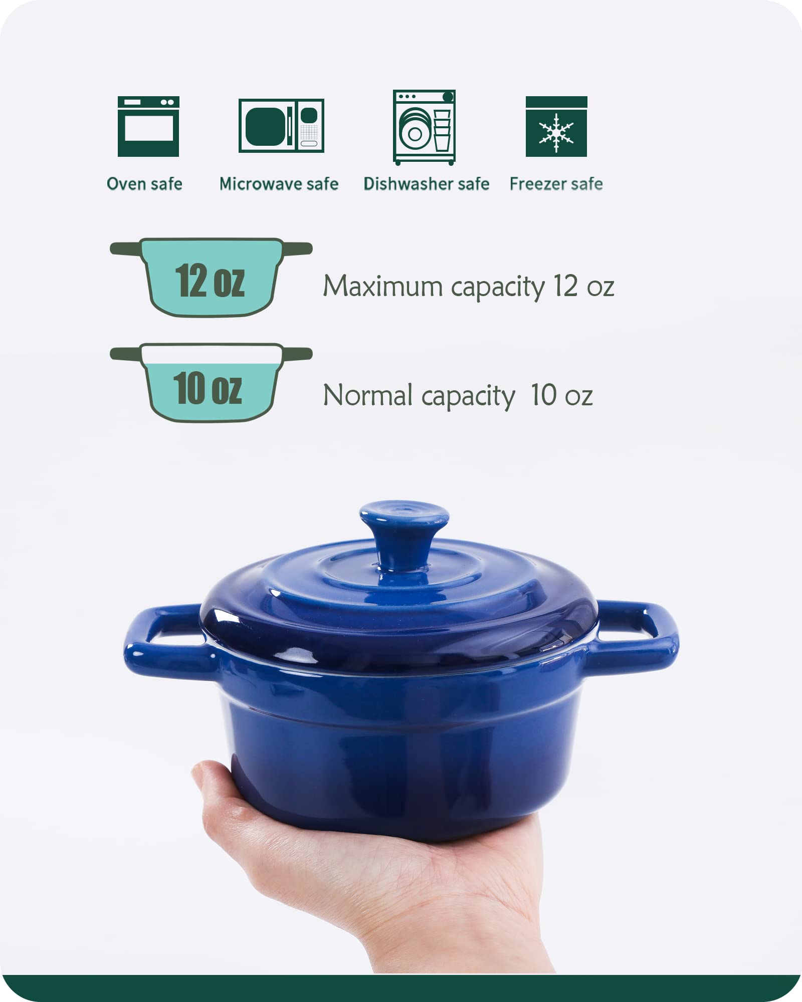 12 oz Mini Cocotte with Lid, Lareina Small Ceramic Round Casseroles Dish with Handles and Cover, Cute Stoneware Individual Severing Pot, Set of 4, Blue