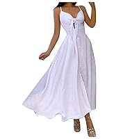 Women's Bohemian Swing Dress Casual Loose-Fitting Summer Print Sleeveless Long Beach V-Neck Trendy Glamorous Flowy White