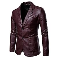 Leather Blazer for Men Notched Collar Casual Stylish 2 Button Slim Faux Leather Suit Blazer Jacket Coat