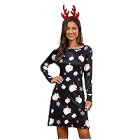 XJYIOEWT Womens Dresses Summer Formal,Ladies Casual Dresses Long Sleeve Round Neck Easter Deer Snowman Printed Dress Ret