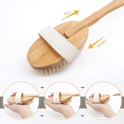 Shower Brush Bath & Dry Skin Body Brushing with Long Bamboo Detachable Hand & Soft Boar Bristle for Back Scrubber