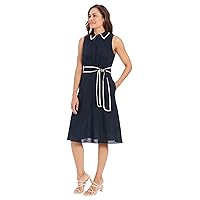 London Times Women's Linen Blend Polished Preppy Classic Belted Shirt Dress