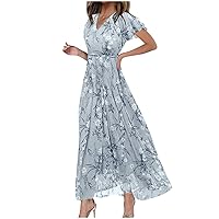 Women's Summer Short Sleeve Flowy Floral Midi Dress Holiday Vacation Casual Loose Fit Back Zipper Sundress A-Light Blue