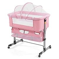 3 in 1 Travel Baby Crib,Baby Bed with Breathable Net,Adjustable Portable Bed for Infant/Baby with Detachable Mosquito net and Mattress,Pink