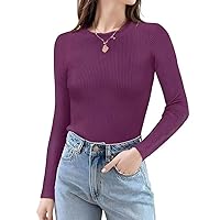 Fall Basics for Women Long Sleeve Crewneck Shirts 2023 Fall Clothes Ribbed Knit Sweater Slim Fit Casual Basic Tee Top