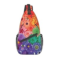 Sling Backpack,Travel Hiking Daypack Rainbow Flowers Print Rope Crossbody Shoulder Bag