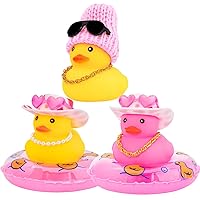 wonuu Pack of 3 Rubber Ducks, Love Heart Cowboy Hat Pearl Duck & Pink Knit Hat Duck, Car Dashboard Decorations Rubber Ducks for Car Ornament Accessories, Pink Set