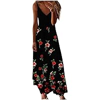 SMIDOW Summer Dresses for Women 2023 Sexy v Neck Spaghetti Strap Maxi Long Dress Floral Print Casual Beach Flowy Sundress