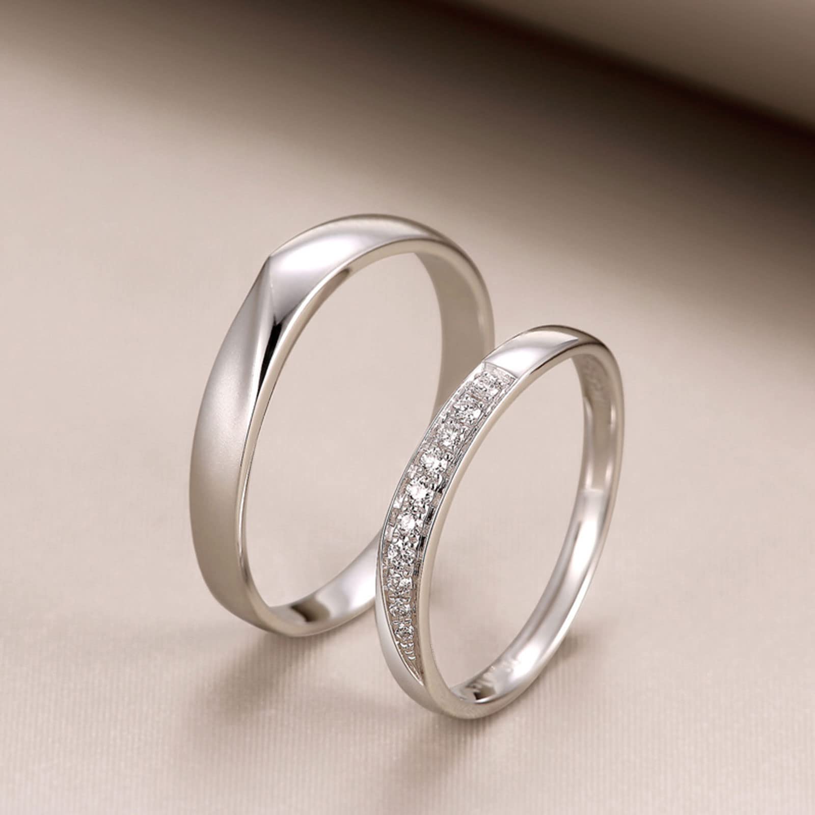 WSX Tiny Diamond Silver Or Solid 10K/14K/18K White Gold Couple Rings, Matching Rings for Him and Her Set Wedding Bands Promise Engagement Ring, Available in Size 3-15.5