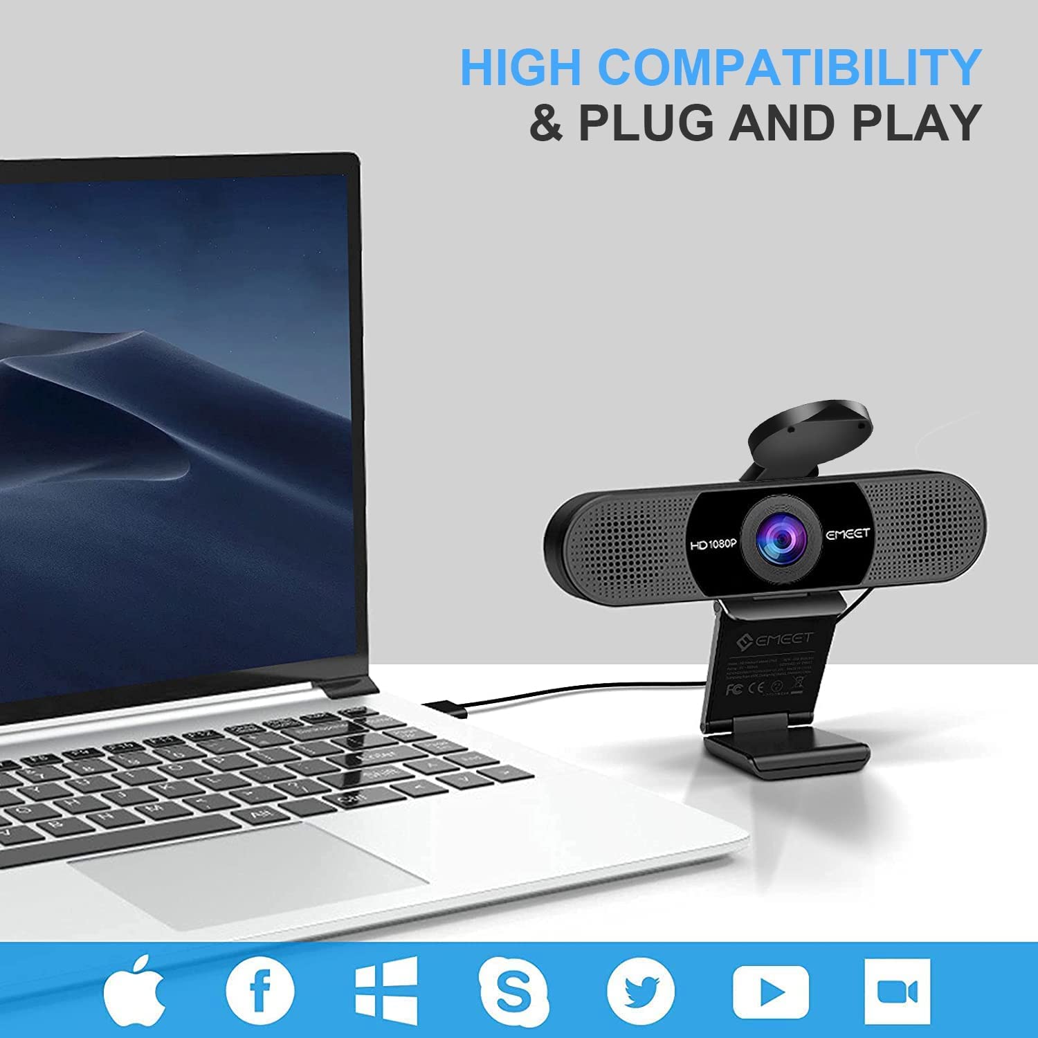 EMEET 1080P Webcam with Microphone C960 Nova 96°FOV Wide Angle Webcam 2 Mics Streaming Webcam with Privacy Cover Plug&Play USB Webcam for Calls/Conference, Zoom/Skype/YouTube, Laptop/Desktop