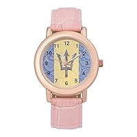 Paisley and Barbados Flag Casual Watches for Women Classic Leather Strap Quartz Wrist Watch Ladies Gift
