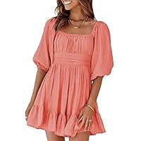 Womens Summer Dresses Square Neck Tie Back Lantern Sleeve Ruffle A-Line Casual Dress