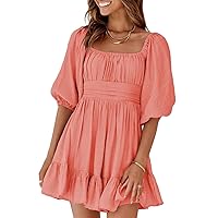 Dokotoo Womens Summer Dresses Square Neck Tie Back Lantern Sleeve Ruffle A-Line Casual Dress