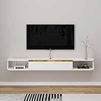 Floating TV Stand, 55'' Wall Mounted Entertainment Center TV Media Console, Floating Shelves with Door, Floating TV Cabinet Large Storage TV Bench for Living Room (White, 55.11IN)
