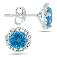 5MM Genuine Gemstone and Natural Diamond Stud Earrings in 14K White Gold (Available in Blue Topaz, Amethyst, Emerald, Sapphire and More)