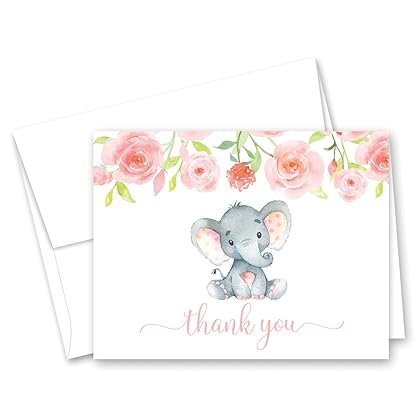 GenericJINCHENG 50 Pink Watercolor Floral Elephant Baby Shower Thank You Cards + Envelopes