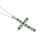 Natural Tsavorite & Sapphire 4 MM Round Gemstone Holy Cross Pendant Necklace 925 Sterling Silver January Birthstone Tsavorite Jewelry Birthday Gift For Her