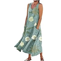 Boho Dresses for Women 2024 Summer Casual Fashion Retro Printed Sleeveless Round Neck Pocket Dress