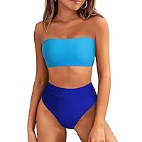 Pink Queen Womens 2 Piece Bandeau Swimsuit Set High Waisted Bikini Bottom Sexy Cheeky Bating Suit Color Block Blue 3XL