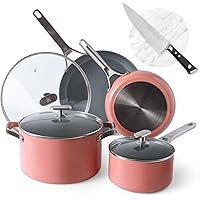 Greater Goods Savvy Ceramic Nonstick Cookware Set (10pc) and Chef Knife (Stainless Steel) Pink Bundle