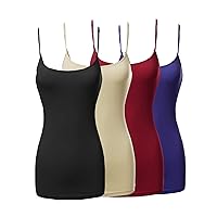 Womens & Juniors Basic Solid Long Length Adjustable Spaghetti Strap Tank Top - 4 Pack