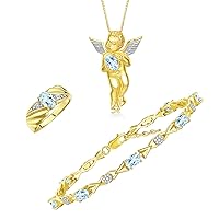 Rylos Matching Jewelry Yellow Gold Plated Silver Guardian Angel Set: Necklace, Tennis Bracelet, & Ring. Gemstone & Diamonds, 7
