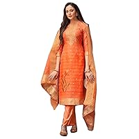Orange Muslim Women Party Wear Indian Pakistani Chanderi Jacquard Straight Salwar Kameez Digital Printed Dress 1147