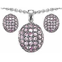 Created Pink Sapphire Oval Puffed Pendant Necklace with matching earrings Sterling Silver
