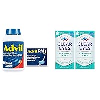 300ct Ibuprofen 200mg Tablets + 2ct Ibuprofen PM Nighttime Sleep Aid Caplets Bundle with Clear Eyes Sensitive Eye Drops, 2 Packs 0.5 Oz Each